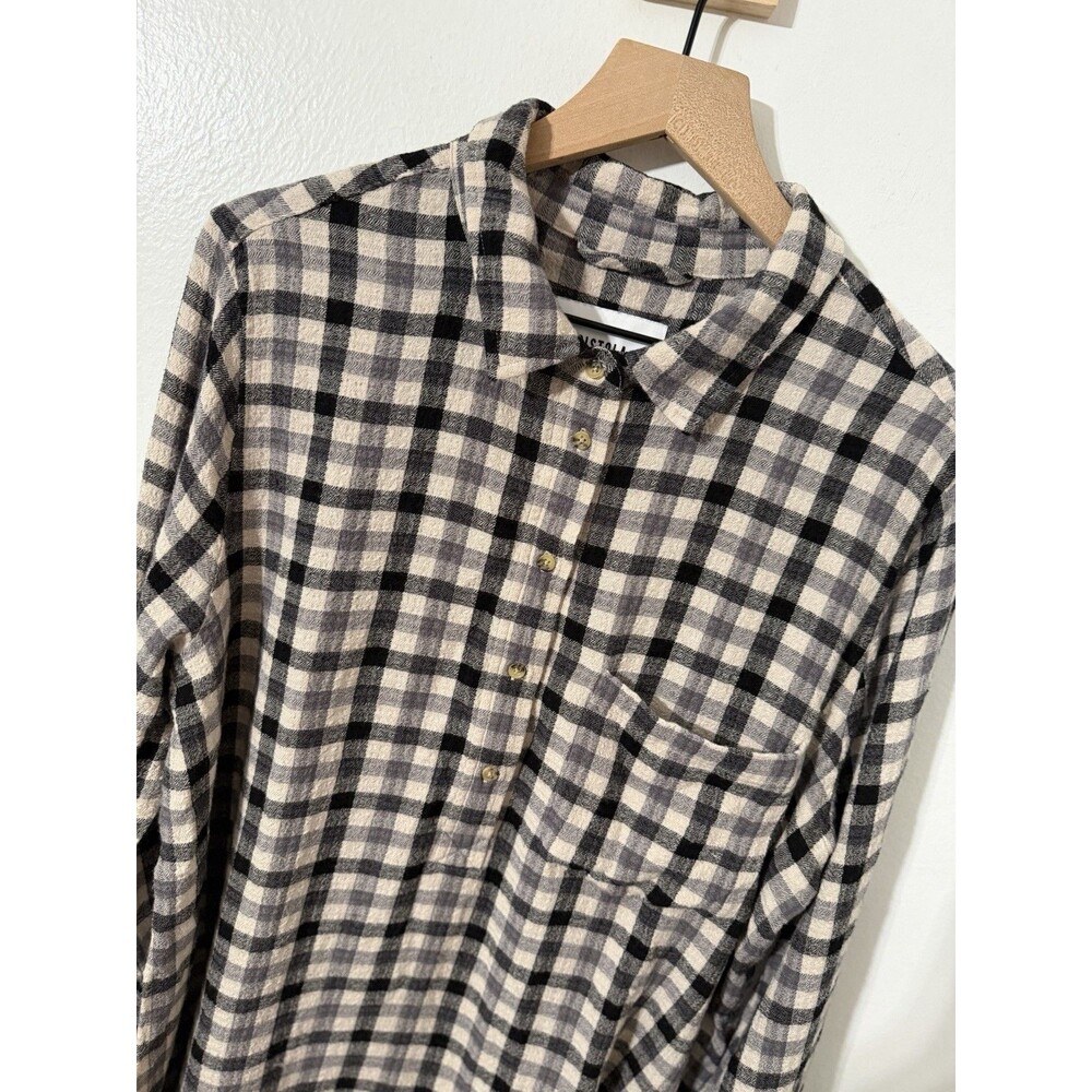 Pistola Check Plaid Popover Top Blouse Black Cream Button Women XL Flannel - Picture 2 of 7